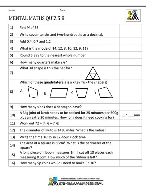 Mental Maths Practise Year 5 Worksheets 1b7