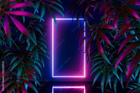 Vertical Neon Frame With Pink Light On Tropical Leaves Background 3d