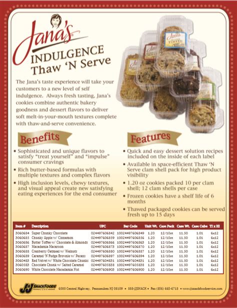 Manufactures, markets, and distributes various nutritional snack foods and beverages to the food service and retail supermarket industries in the j & j snack foods corp. Jana's Indulgence Cookie - J&J Snack Foods Corp.