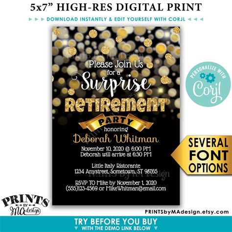Gold Glitter Prints Or Digital File Retirement Party Invitation Black