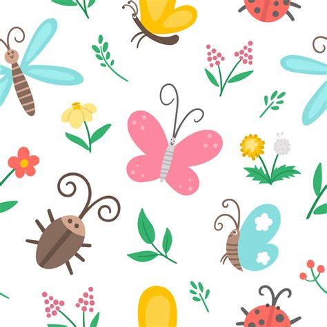 Vector Flat Insect And First Flower Seamless Pattern Funny Spring