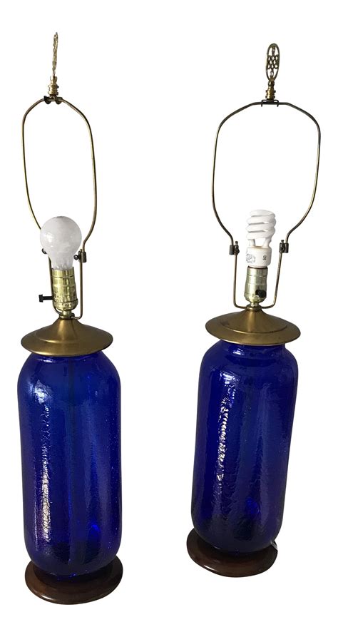 Blenko Mid-Century Cobalt Crackle Lamps - A Pair | Chairish