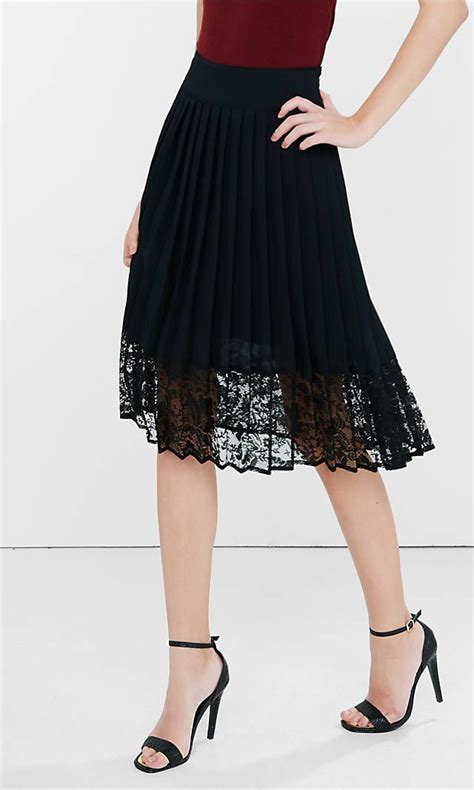 High Waisted Pleated Lace Hem Midi Skirt From Express