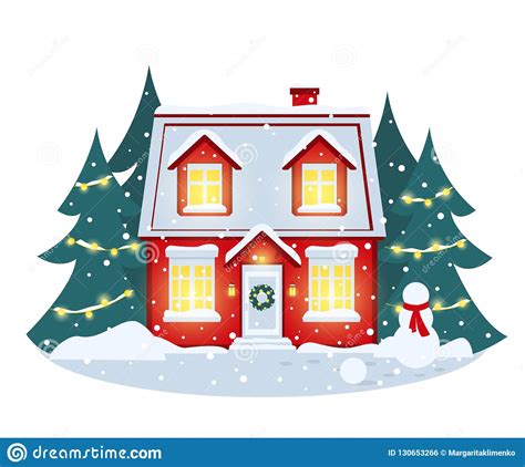 Evening Snowfall And Snow Covered House Christmas Trees Decorated With