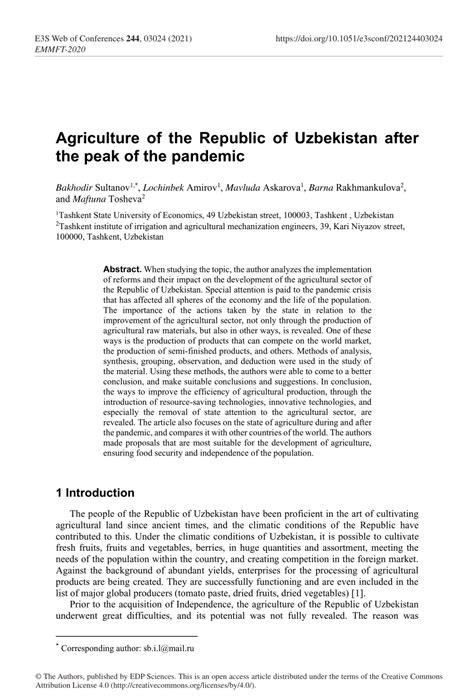 Pdf Agriculture Of The Republic Of Uzbekistan After The Peak Of The Pandemic