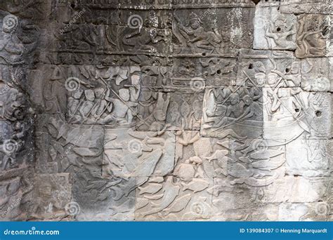Carvings On A Wall In Angkor Thom Temple Showing Everyday Scenes Siem