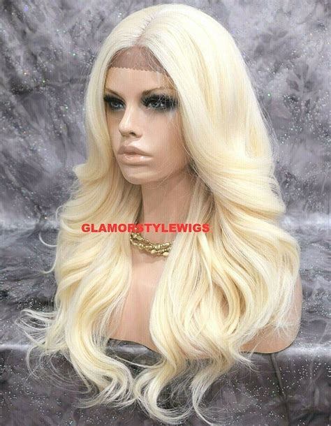 Free Part Human Hair Blend Lace Front Full Wig Long Wavy Platinum Blonde 613a Ebay Wigs