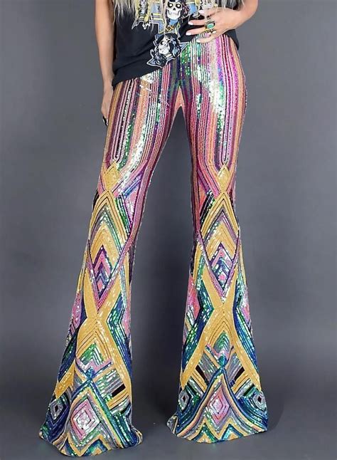 Multicolor High Waisted Sequin Pants Insvici Sequin Bell Bottoms