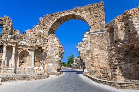 Vespasian Gate To The Ancient City Of Side Turkey Stock Photo