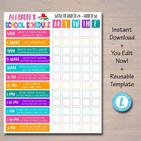 Home School Schedule Daily Weekly Subject Checklist Homework