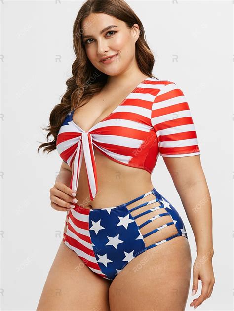 Knotted Laddering Cutout American Flag Plus Size Two Piece Swimwear In