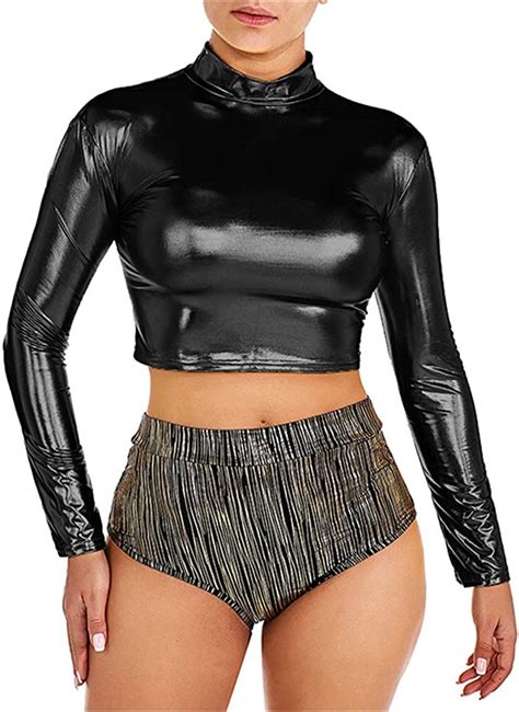 Gdov Womens Sexy Pu Leather Wetlook Shiny Crop Tops Blouse Shirts Women