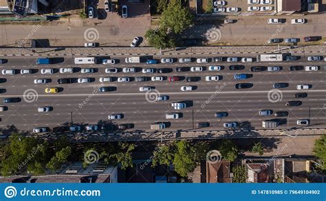 Top Down Aerial View Of Urban City Traffic Jam Rush Hour Highway Stock