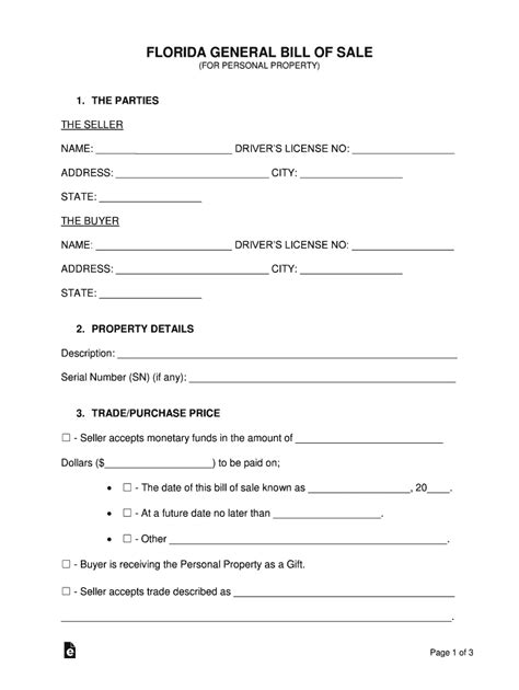 Fl General Bill Of Sale For Personal Property Fill And Sign
