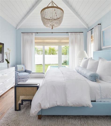 Sky Blue Bedroom With White Plank Vaulted Ceiling Cottage Bedroom