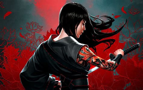 Samurai Red Tattoo Black Woman Fantasy Girl Katana Asian Sword