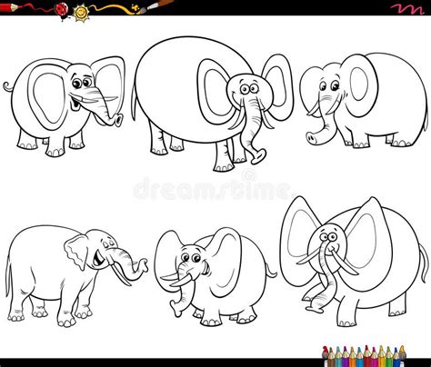 Funny Cartoon Elephants Characters Set Coloring Page Stock Vector