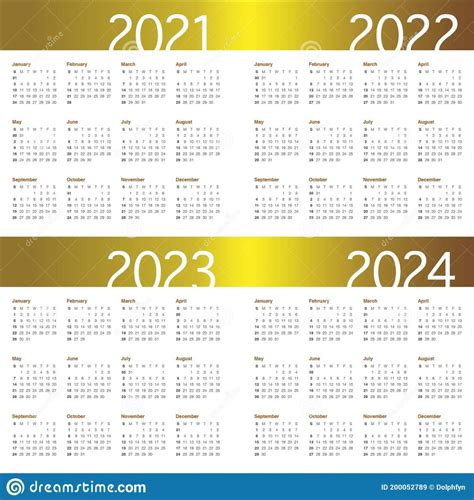 Year 2021 2022 2023 2024 Calendar Vector Design Template Stock Vector