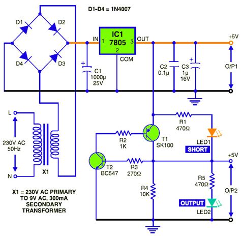 5v Dc Regulated Power Supply With Short Circuit Protection Schematic