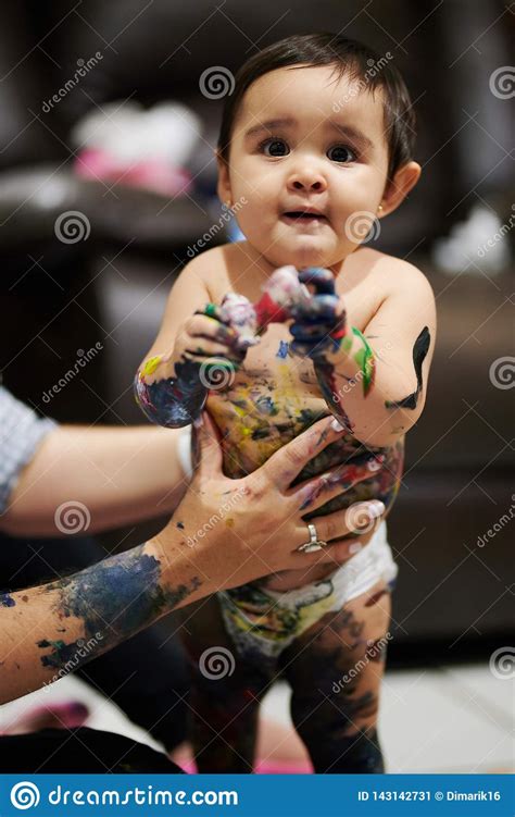 Dirty Baby Girl With Colorful Paint Stock Image Image Of Cute Baby