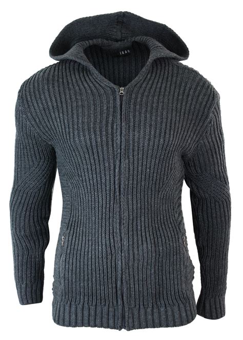 Mens Knitted Hooded Zip Cardigan Thick Jumper Jacket Wool Grey Warm