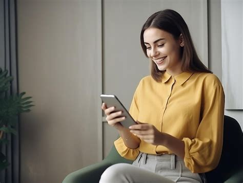 Una Mujer Está Sentada En Una Silla Y Sostiene Un Teléfono Y Mira Su