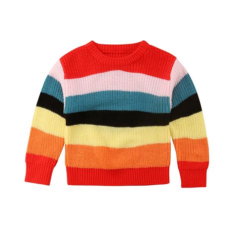 2018 Girls Kids Warm Sweaters Rainbow Fleece Striped Autumn Jumper