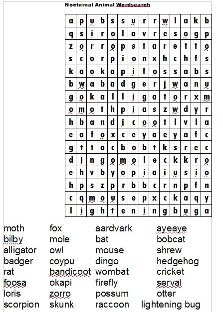 Muck Monsters Nocturnal Animals Word Search