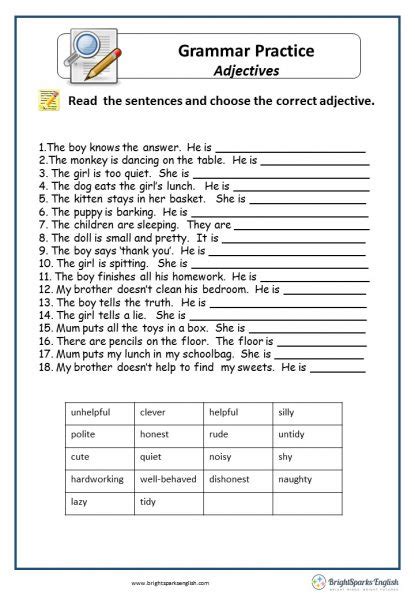 Adjectives English Grammar Worksheet English Treasure Trove