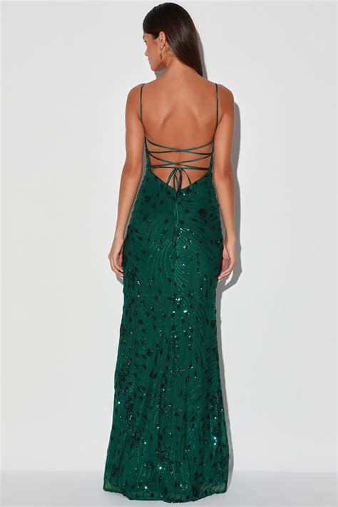 Lulus Photo Finish Forest Green Sequin Lace Up Maxi Dress Green