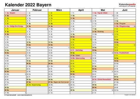 Hälfte mit kalenderwochen und feiertagen. Kalender 2022 Bayern: Ferien, Feiertage, Excel-Vorlagen