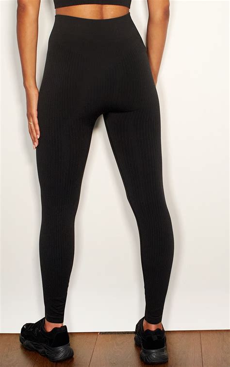 Black Premium Ribbed Seamless Legging Prettylittlething Usa