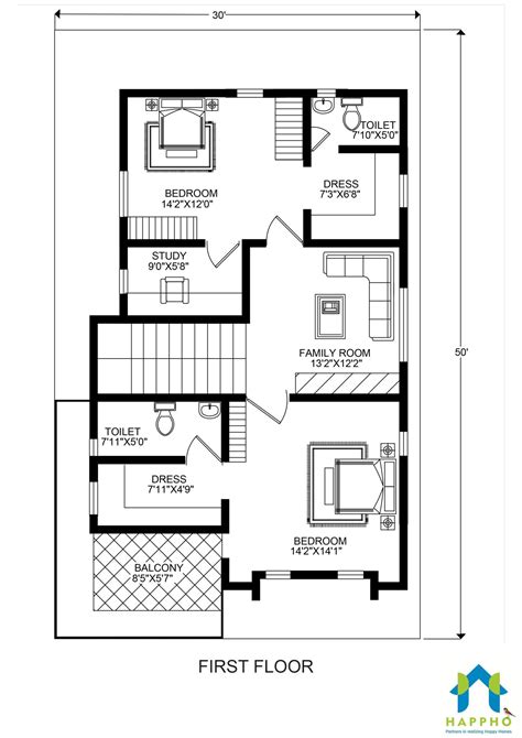 Floor Plan For 30 X 50 Feet Plot 3 Bhk 1500 Square Feet167 Sq Yards