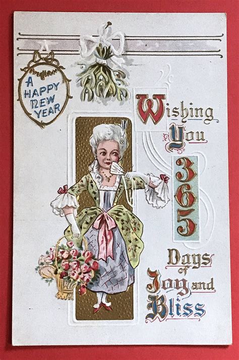 Antique 1900s New Years Postcard Victorian Lady In Beautiful Dress