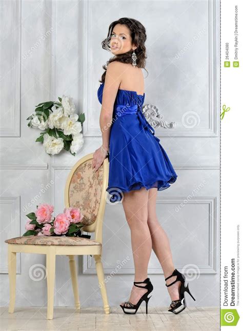 Mooie Vrouw In Blauwe Kleding In Luxebinnenland Stock Foto Image Of