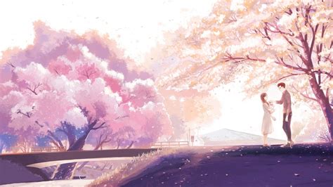 Download 1280x720 Anime Couple Cherry Blossom Romance River Bridge