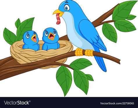 Illustration Of Mother Blue Bird Feeding Babies In A Nest Download A