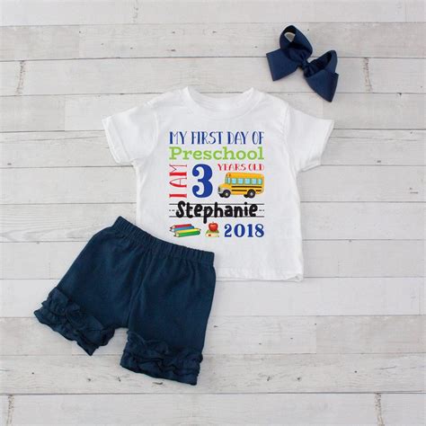 My First Day of Preschool Personalized 3pc Shirt and Short Set Navy