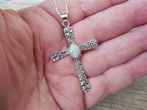 Turquoise Cross Necklace Handmade In Sterling Silver With Dry