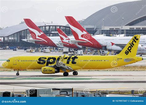 Spirit Airlines Doing Taxi Qantas Planes On Background Editorial