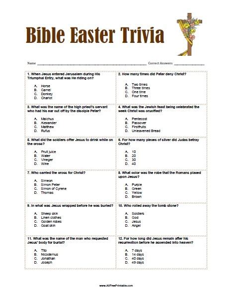 Printable Bible Trivia Worksheets