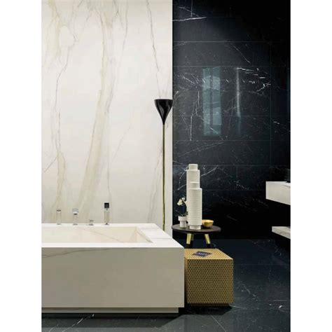 The nero marquina black marble combined with our carrara white marble, calacatta gold marble and thassos white marble can be made up to a unique and interesting decoration pattern layout, such as black and white checkerboard, diamond pattern, frame border, black listello border for white tiles. Nero Marquina Porcelain Marble Tile - STONEWOOD