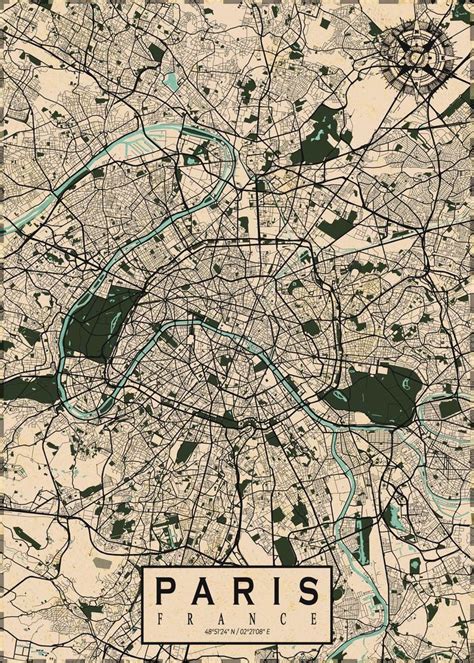 A Map Of The City Of Paris With Streets And Parks In Green Black And White