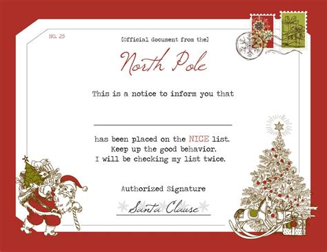 This free pet adoption certificate sample has the name of the adopter, name of the pet, date, and signature. Santa's Nice List Certificate