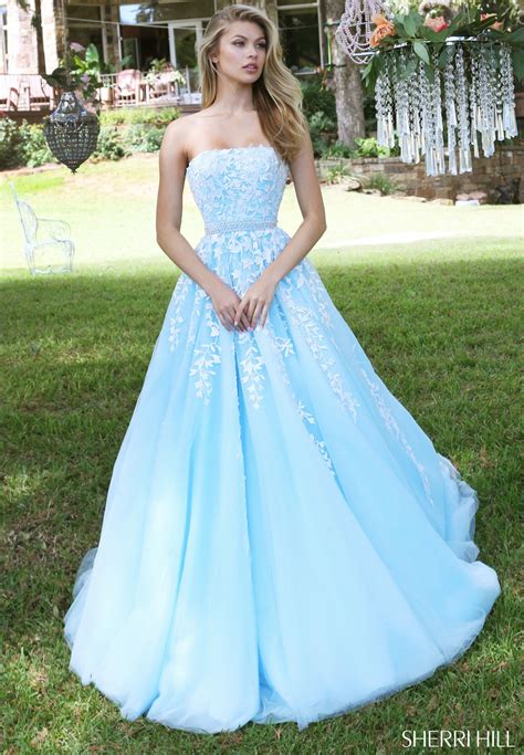 Sherri Hill Fall 2017 Collection Light Blue Strapless Ballgown With White Floral Appliqué