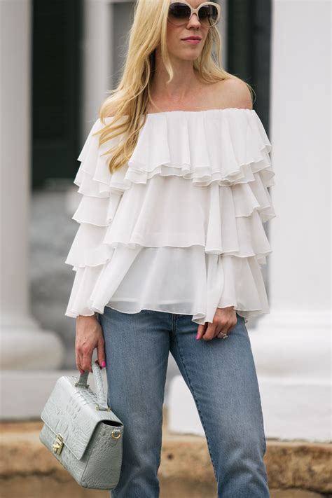 endless rose white ruffle off the shoulder top how to wear ruffled shirts white ruffle off the