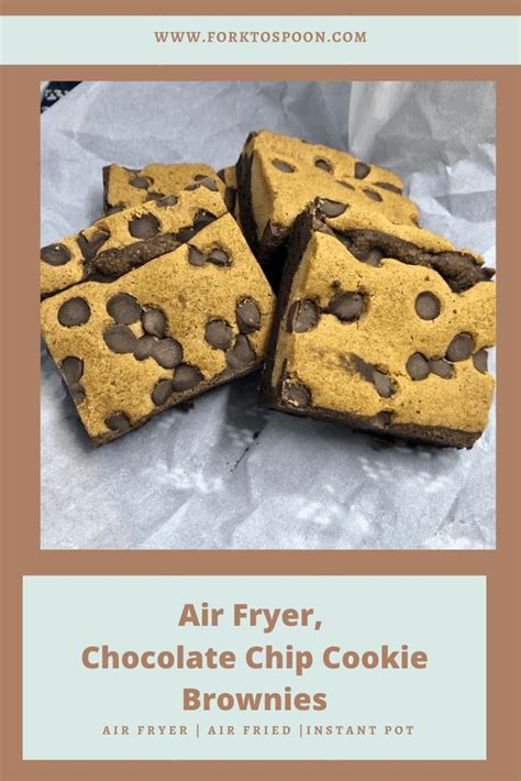 Air Fryer Chocolate Chip Cookie Brownies Are Stacked Up On Top Of Each