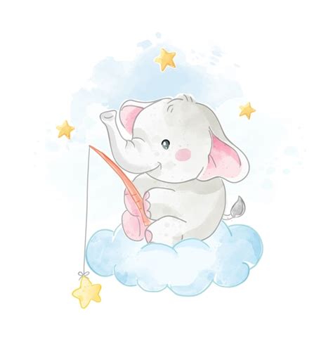Dibujos Animados Lindo Elefante En La Nube Con Ilustración De Estrellas