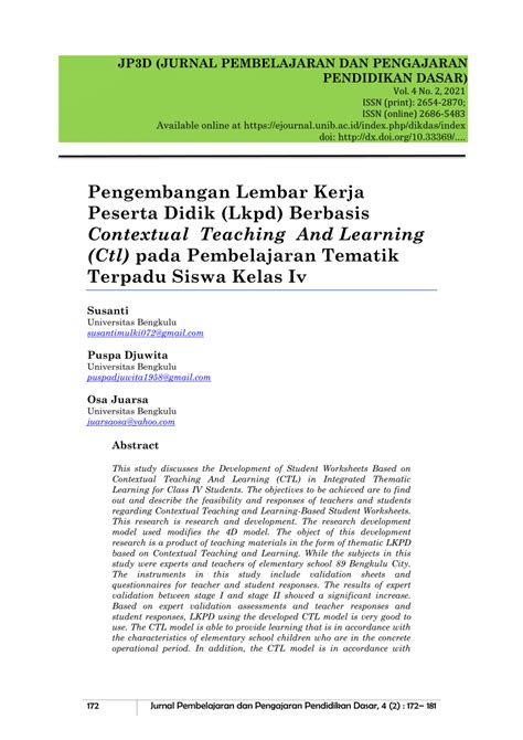 Pdf Pengembangan Lembar Kerja Peserta Didik Lkpd Berbasis Contextual Teaching And Learning