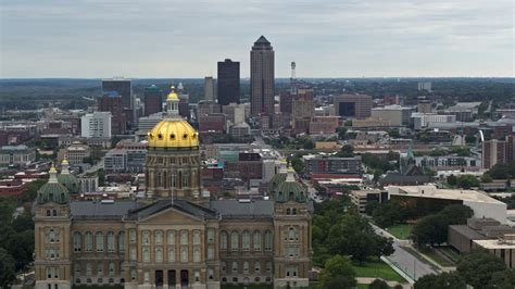 5 7k stock footage aerial video of a view of the downtown des moines iowa skyline seen while